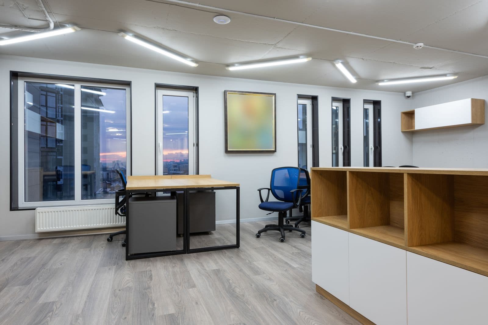 Finished commercial interior with architectural ceiling lighting